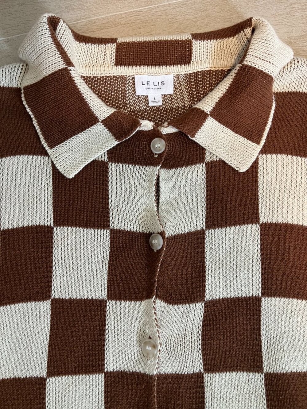 Le Lis Checkered Knit Short Sleeve Top brown & biege Button Front Size  L